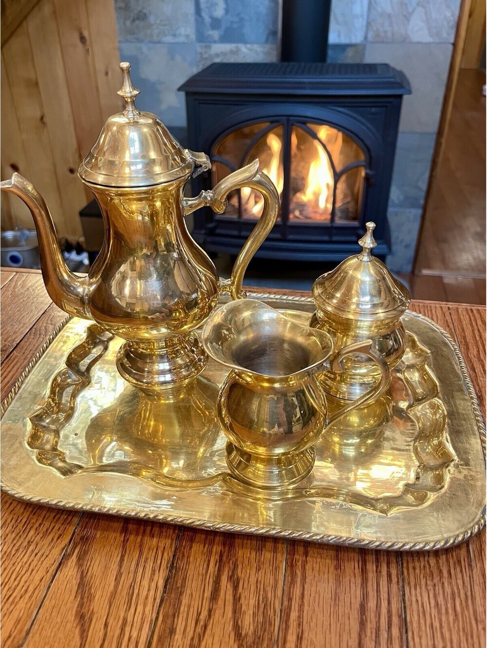 Vintage Brass Tea Set 3 Piece Pot Creamer Sugar Bowl With Lid Made in India Tray